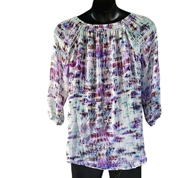 Daisy Fuentes Abstract Print Blouse – Size Large – 3/4 Sleeve – Sheer Overlay - Picture 5 of 7